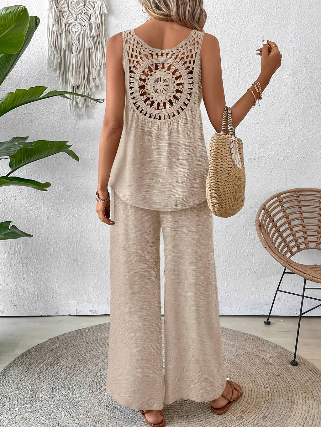 Crochet Back Sleeveless Top and Wide Leg Pants Summer Set