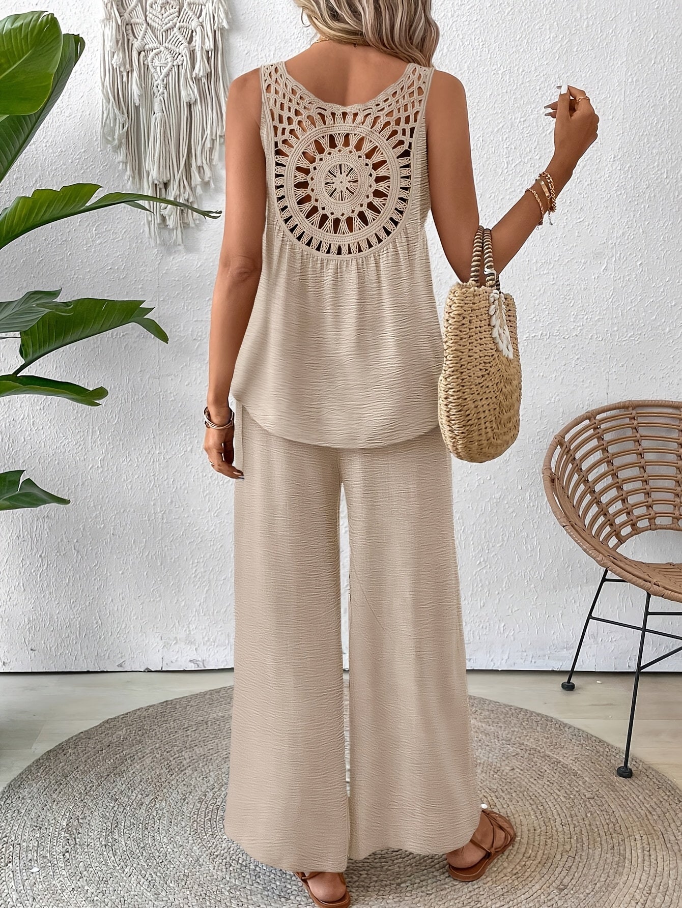 Crochet Back Sleeveless Top and Wide Leg Pants Summer Set