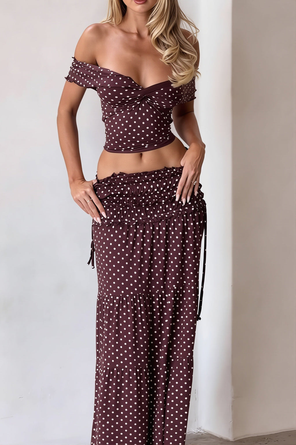Sexy Off Shoulder Crop Top Polka Dot Fish Tail High Rise Skirt Sets