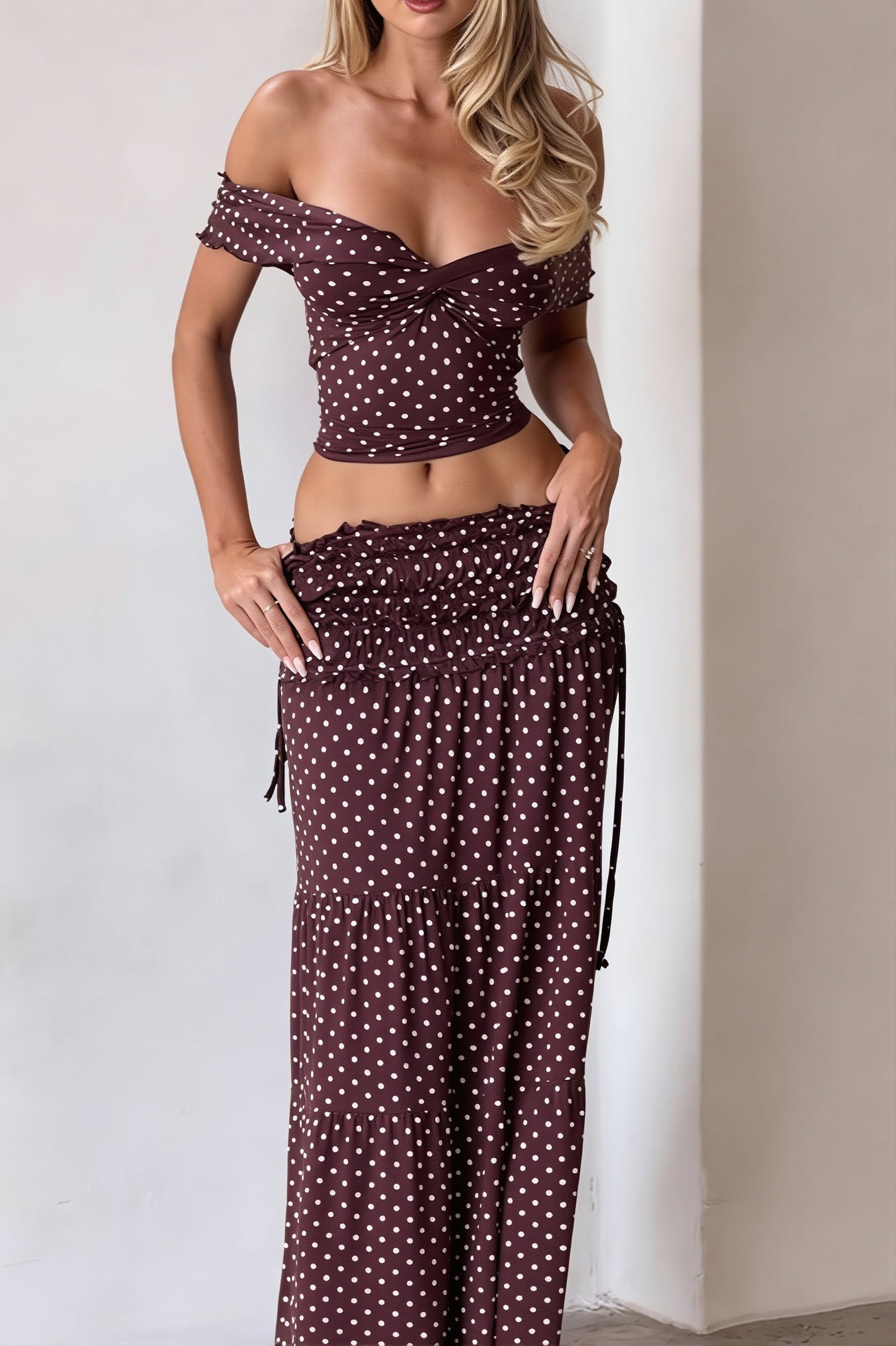 Sexy Off Shoulder Crop Top Polka Dot Fish Tail High Rise Skirt Sets