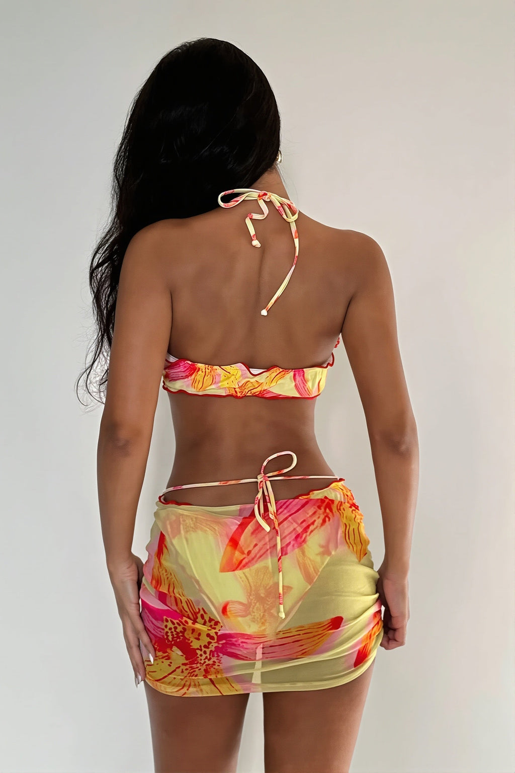 Print Halter Backless Bikini Set Three Piece Swim Sets