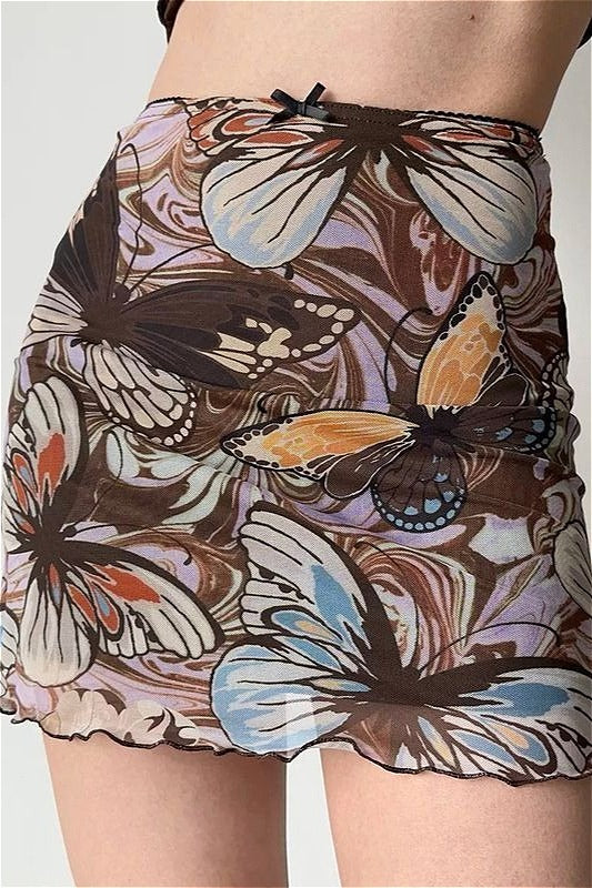 Vintage Printed Mesh Bodycon Mini Skirt