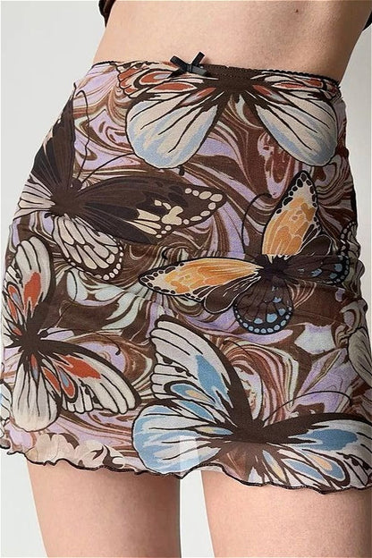 Vintage Printed Mesh Bodycon Mini Skirt