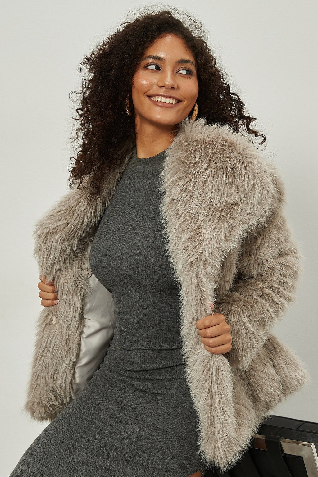 Woman wearing Notch-Lapel Faux-Fur Winter Coat from Hicosy — view 5