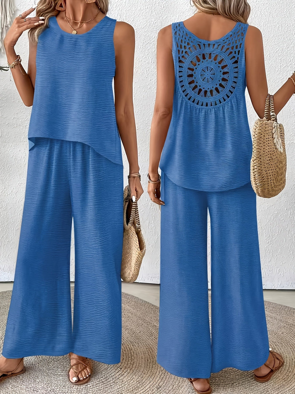 Crochet Back Sleeveless Top and Wide Leg Pants Summer Set