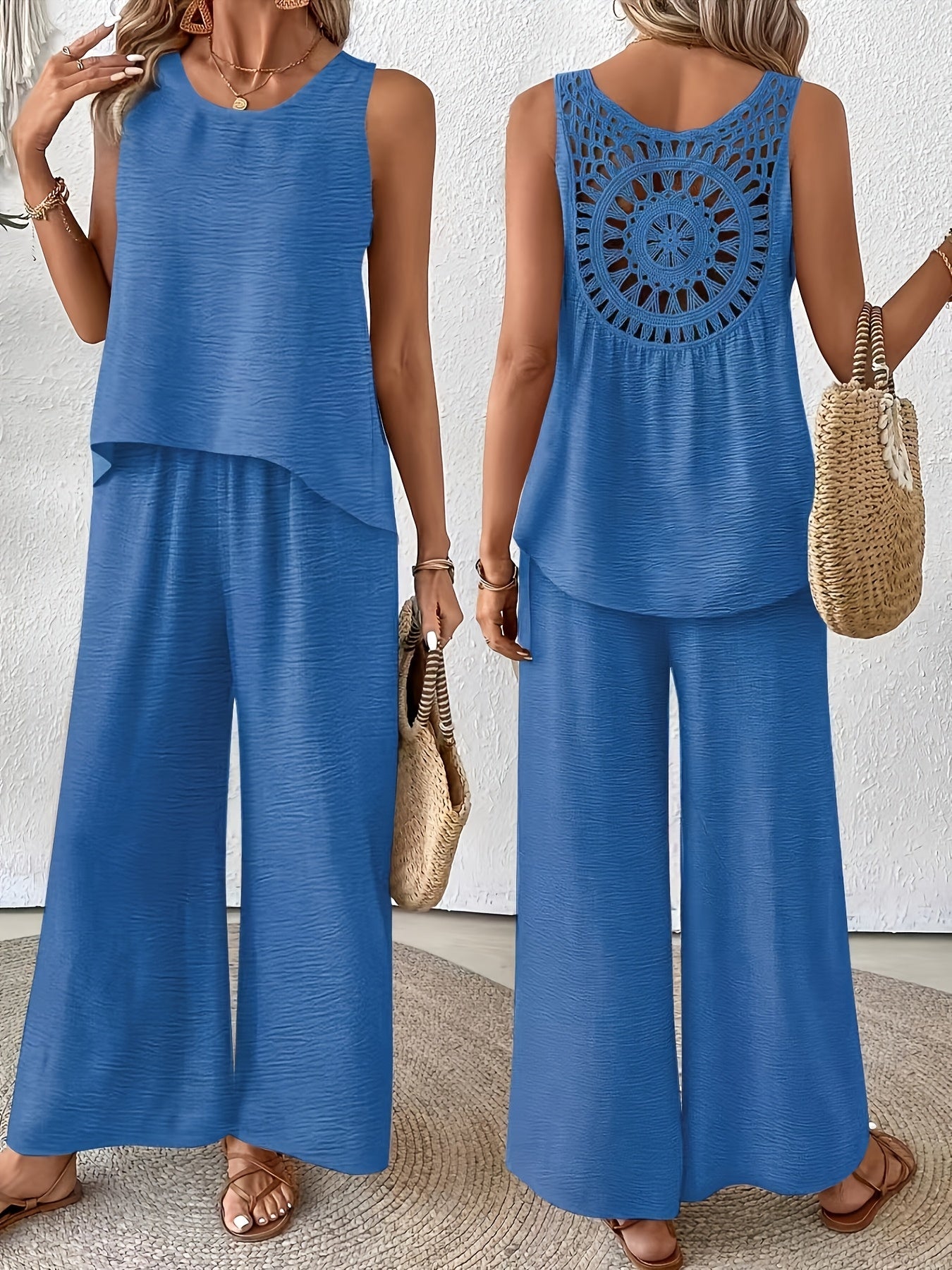 Crochet Back Sleeveless Top and Wide Leg Pants Summer Set