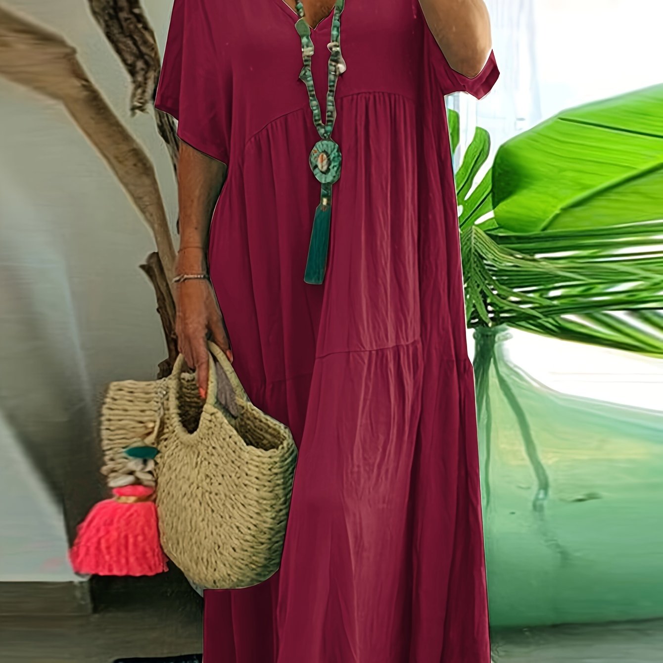 Flowy V Neck Tiered Cotton Maxi Dress for Plus Size