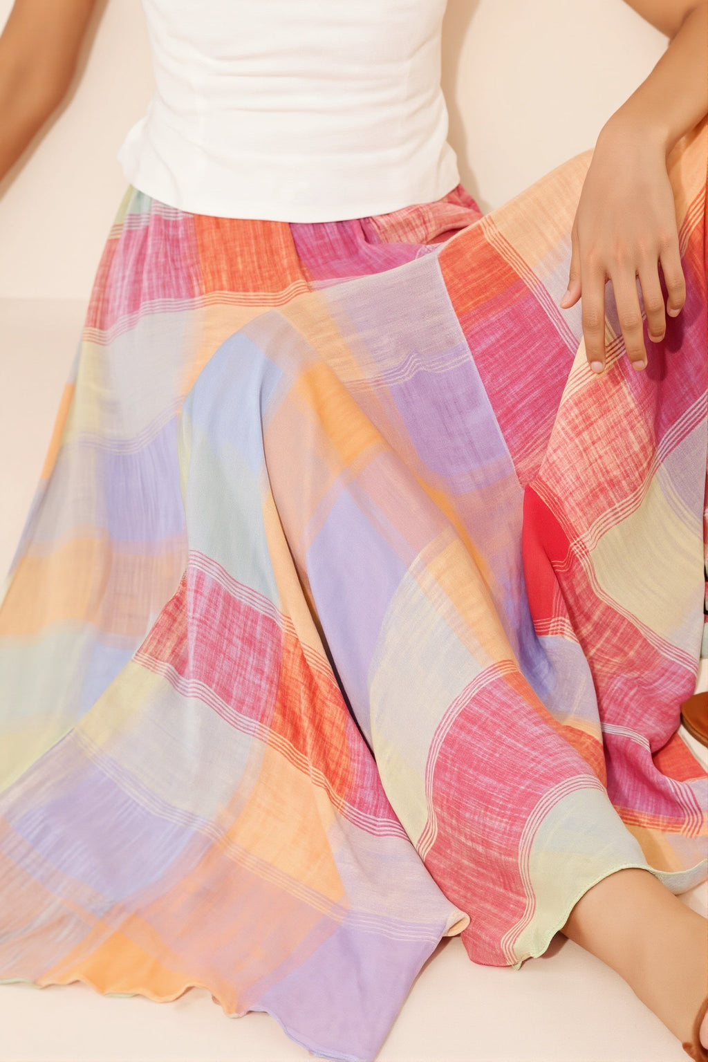 Elastic Waist Colorful Plaid Flared Maxi Skirt