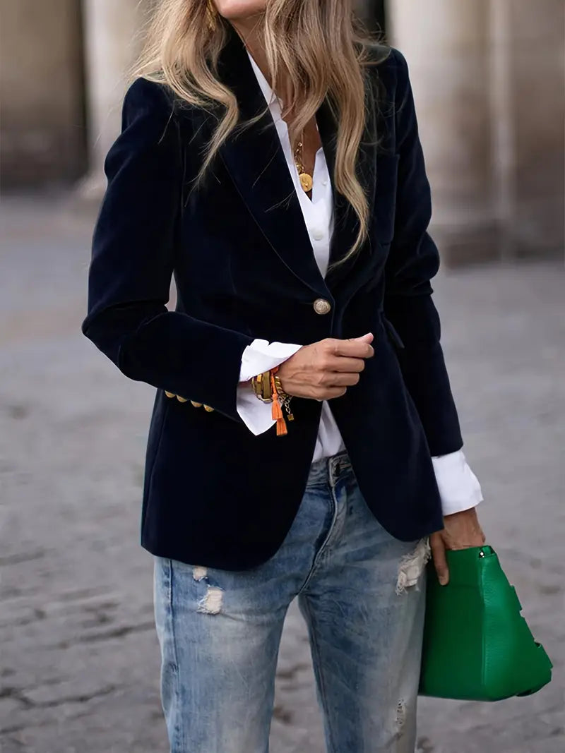 Gold Button Cuff Peak Lapel Slim Fit Velvet Blazer