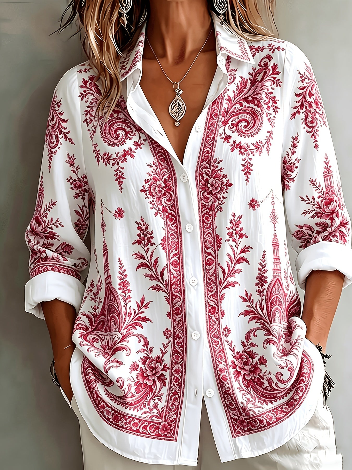 Floral Paisley Print Long Sleeve Oversized Casual Blouse