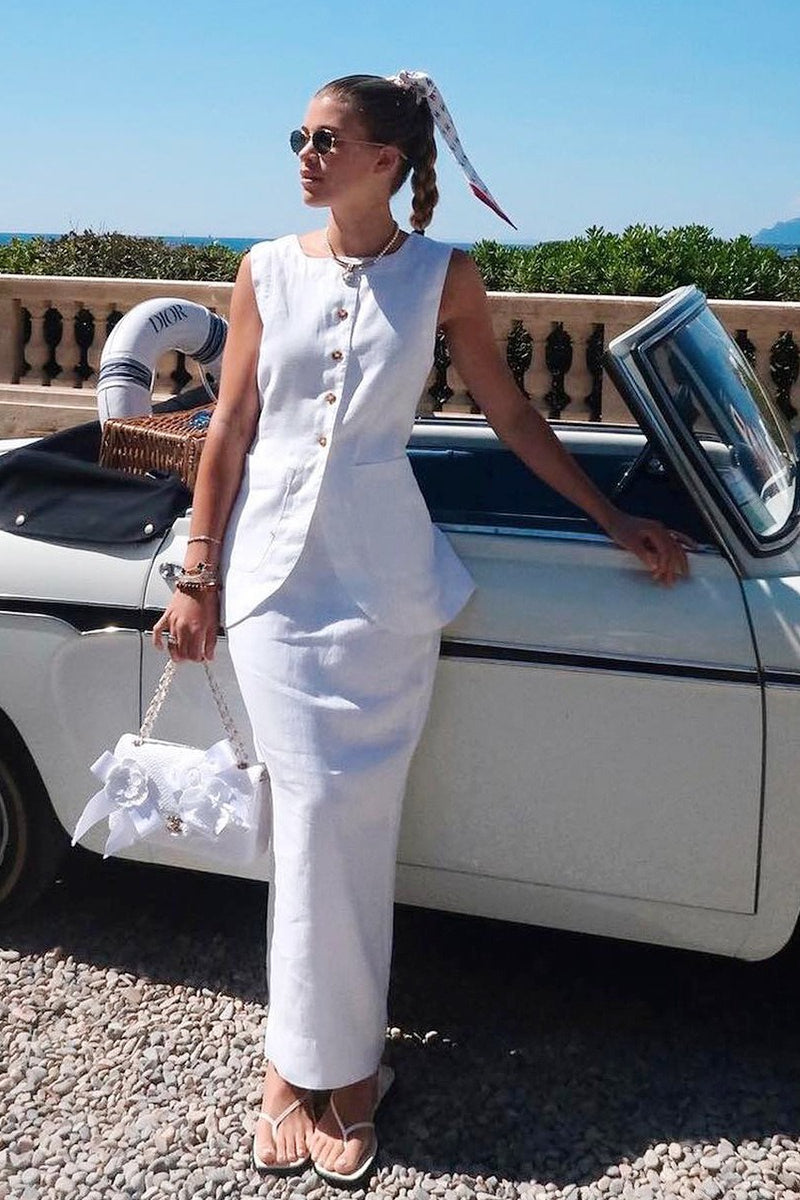 Simple Linen Vest High Waist Skirt Set