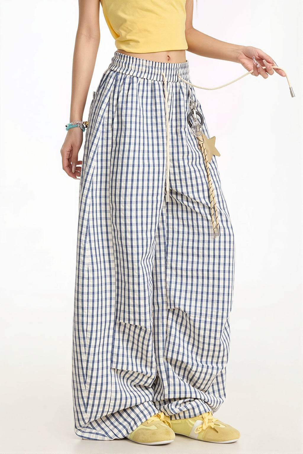 Casual Blue Plaid Curved Pants