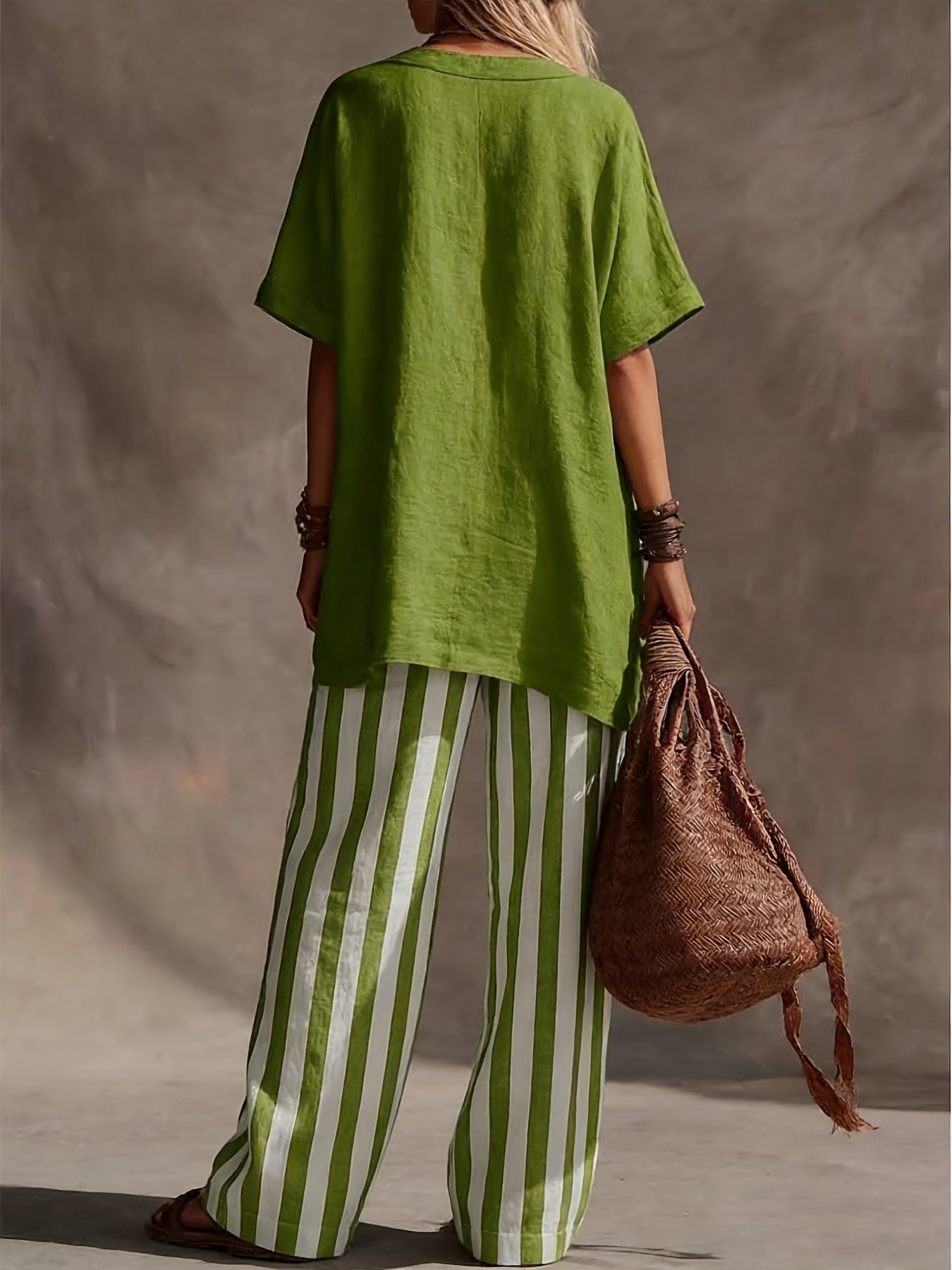 Linen V Neck Short Sleeve Top and Striped Wide Leg Pants Set