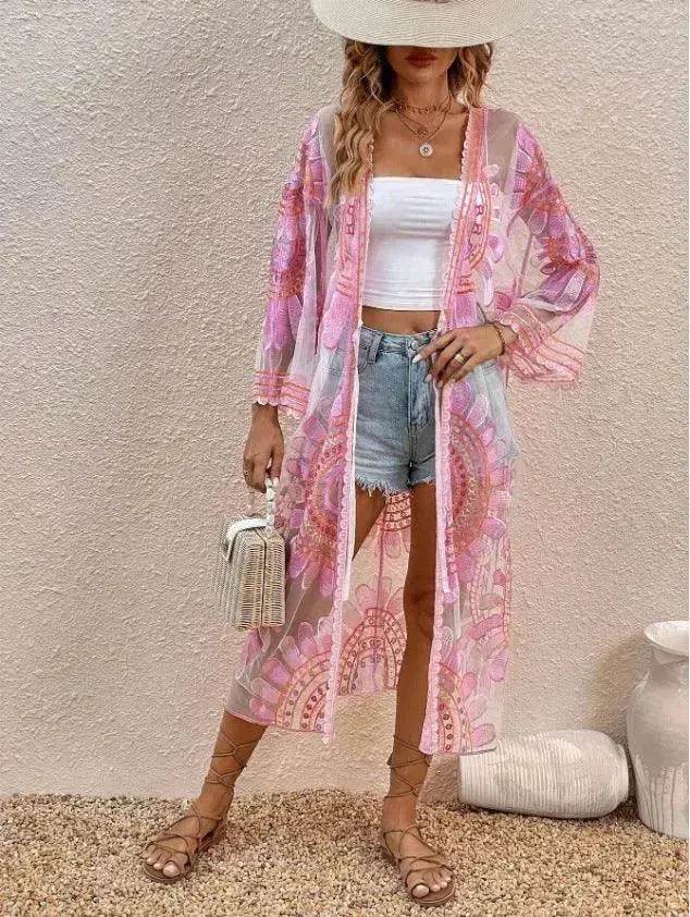 Vibrant Floral Stitching Boho Beach Cover-up Lace Bikini