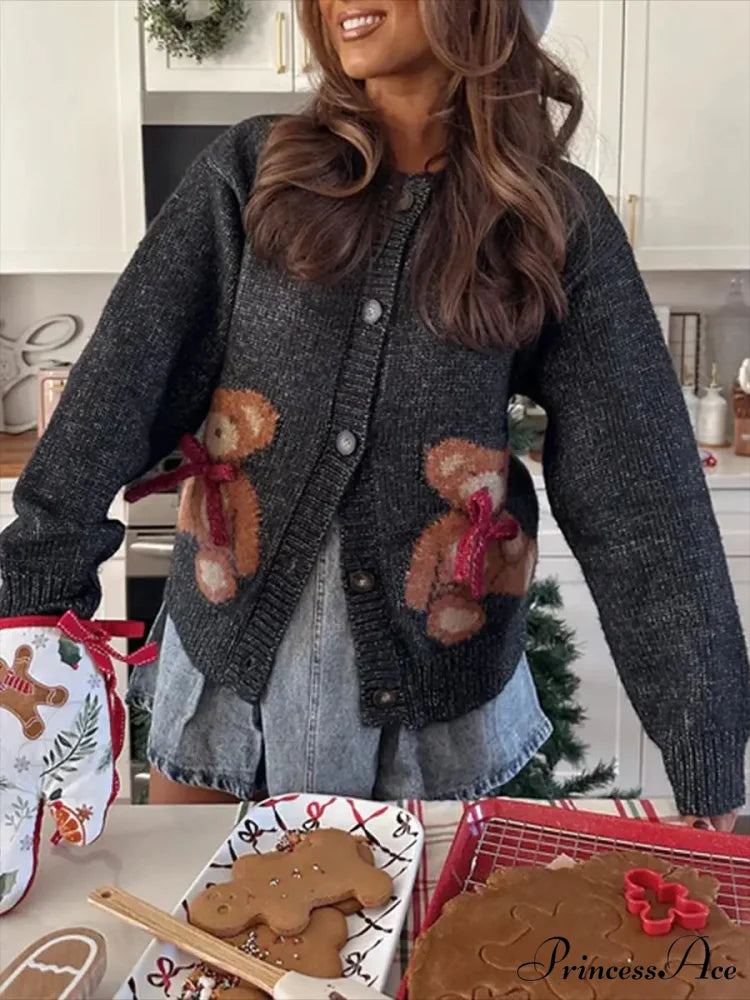 Bear Print Button-Up Circular Neck Knit Cardigan