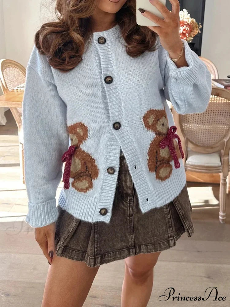 Bear Print Button-Up Circular Neck Knit Cardigan