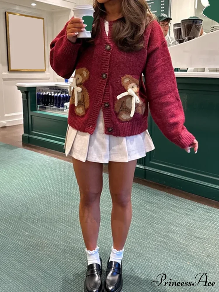 Bear Print Button-Up Circular Neck Knit Cardigan
