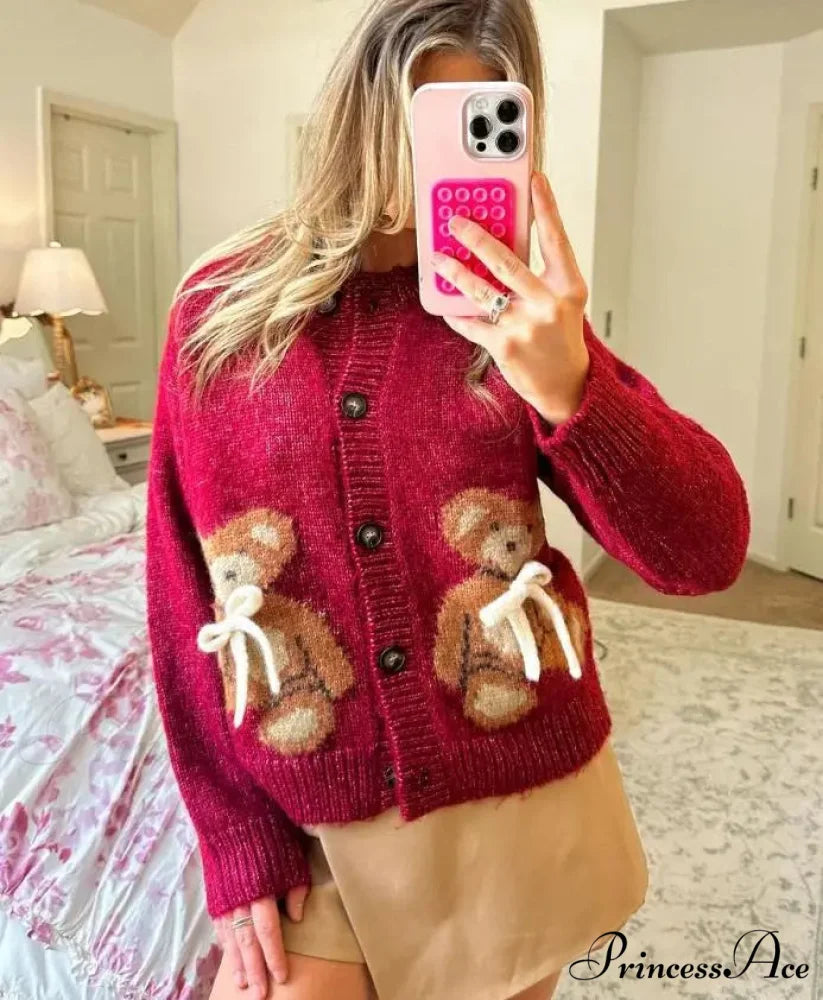 Bear Print Button-Up Circular Neck Knit Cardigan