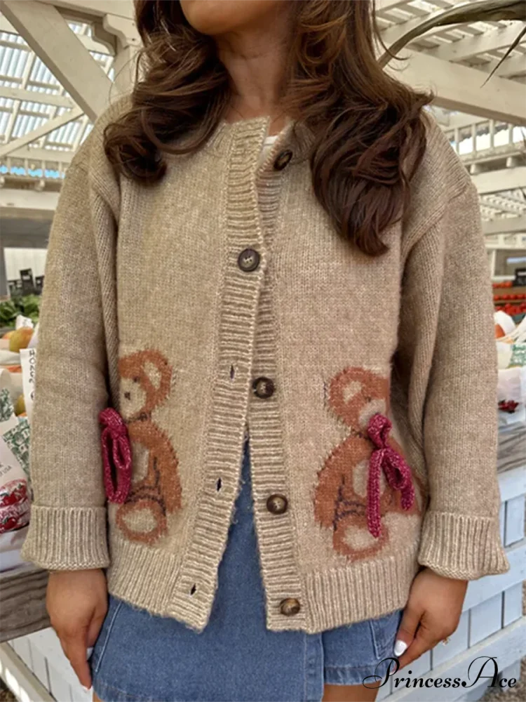 Bear Print Button-Up Circular Neck Knit Cardigan