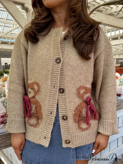 Bear Print Button-Up Circular Neck Knit Cardigan