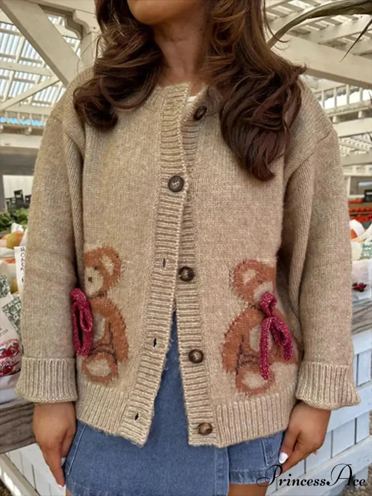 Bear Print Button-Up Circular Neck Knit Cardigan