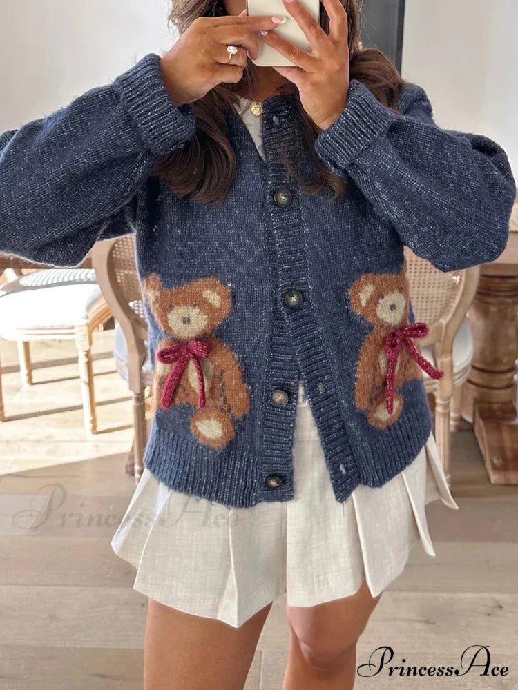 Bear Print Button-Up Circular Neck Knit Cardigan