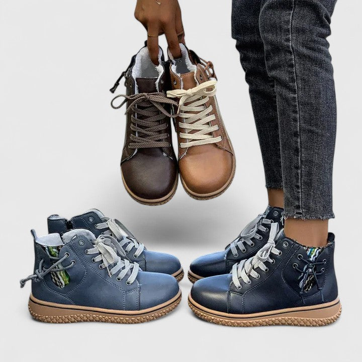 Lace Up Leather Round Toe Flatform Ankle Boot