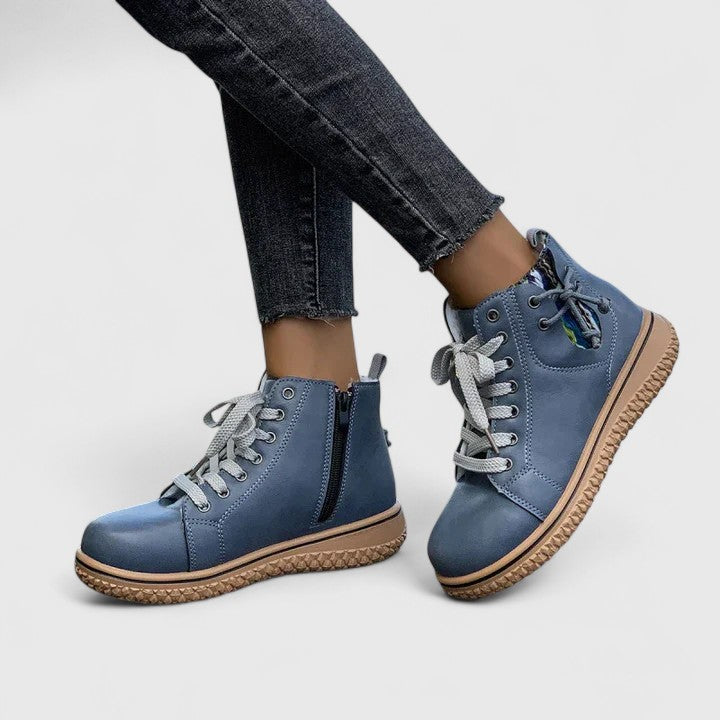 Lace Up Leather Round Toe Flatform Ankle Boot