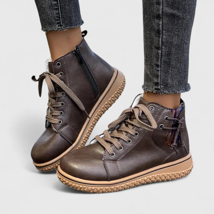 Lace Up Leather Round Toe Flatform Ankle Boot