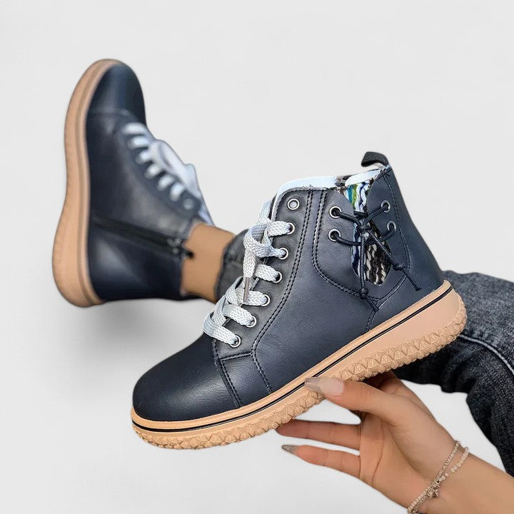 Lace Up Leather Round Toe Flatform Ankle Boot