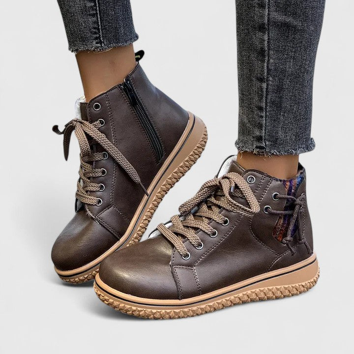 Lace Up Leather Round Toe Flatform Ankle Boot