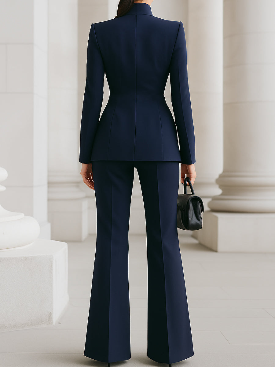 Stand Collar Single Button Fitted Blazer and Flare Pant Matching Set