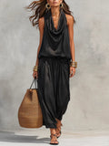 Cowl Neck Halter Top and Draped Wide Leg Pant Two Piece Set