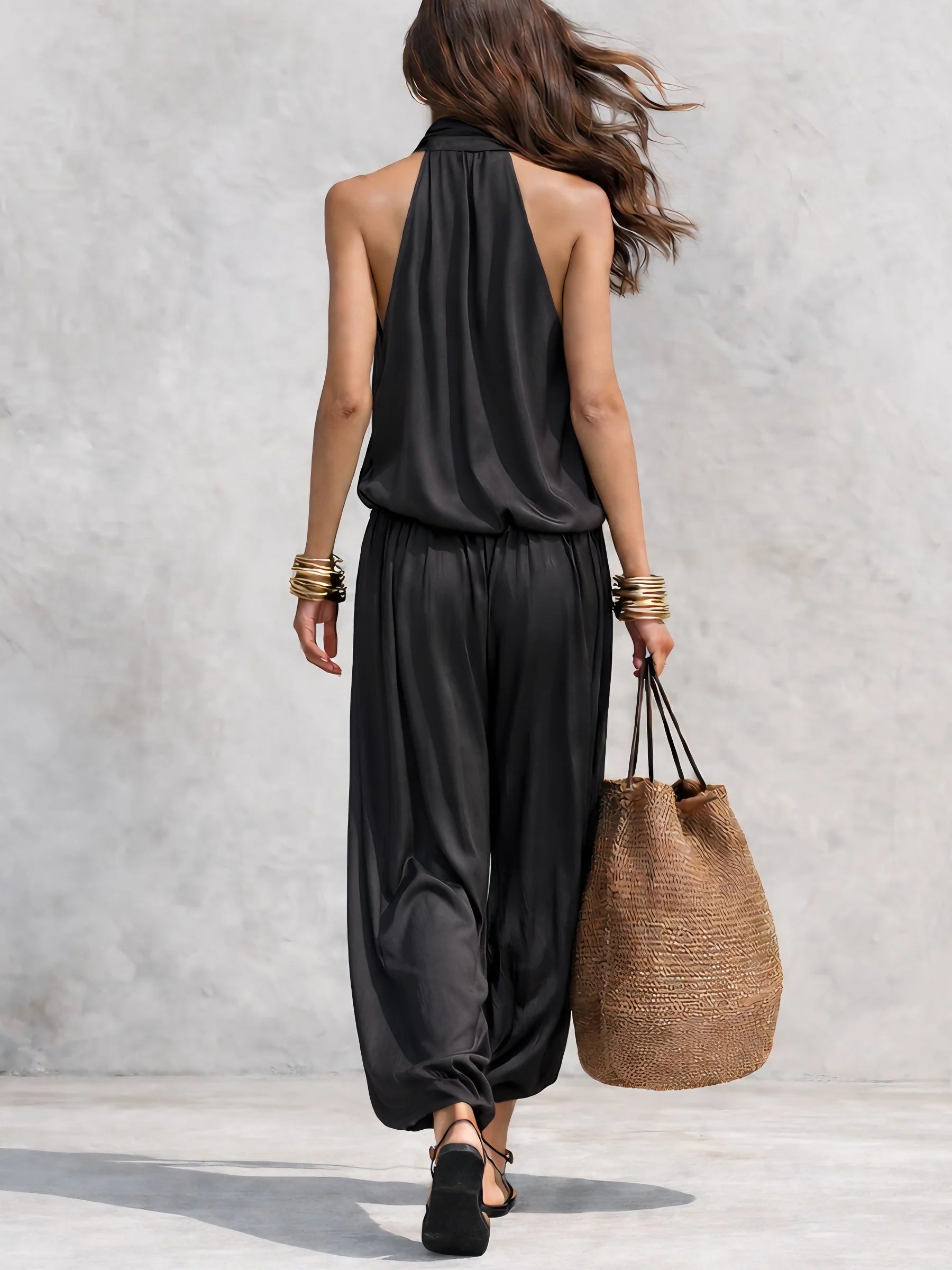 Cowl Neck Halter Top and Draped Wide Leg Pant Two Piece Set