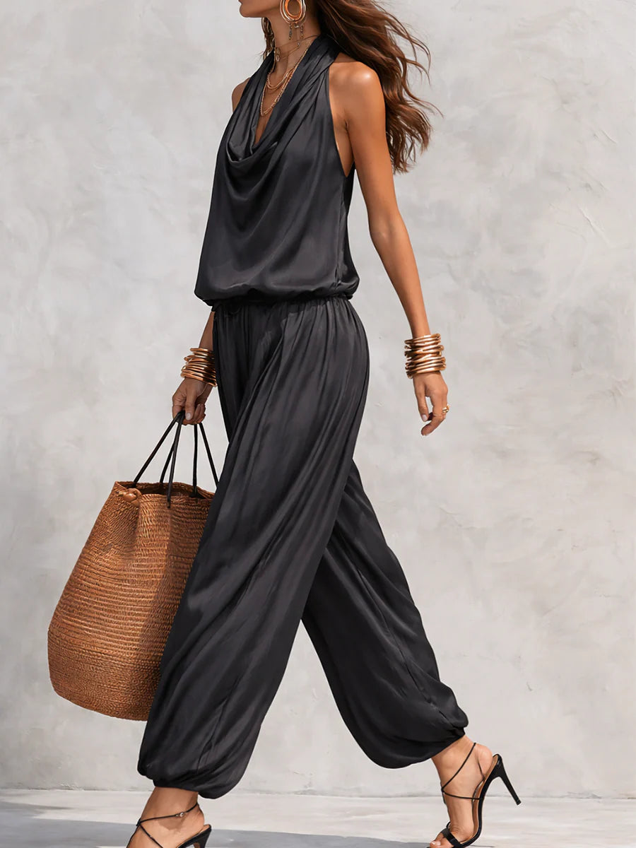 Cowl Neck Halter Top and Draped Wide Leg Pant Two Piece Set