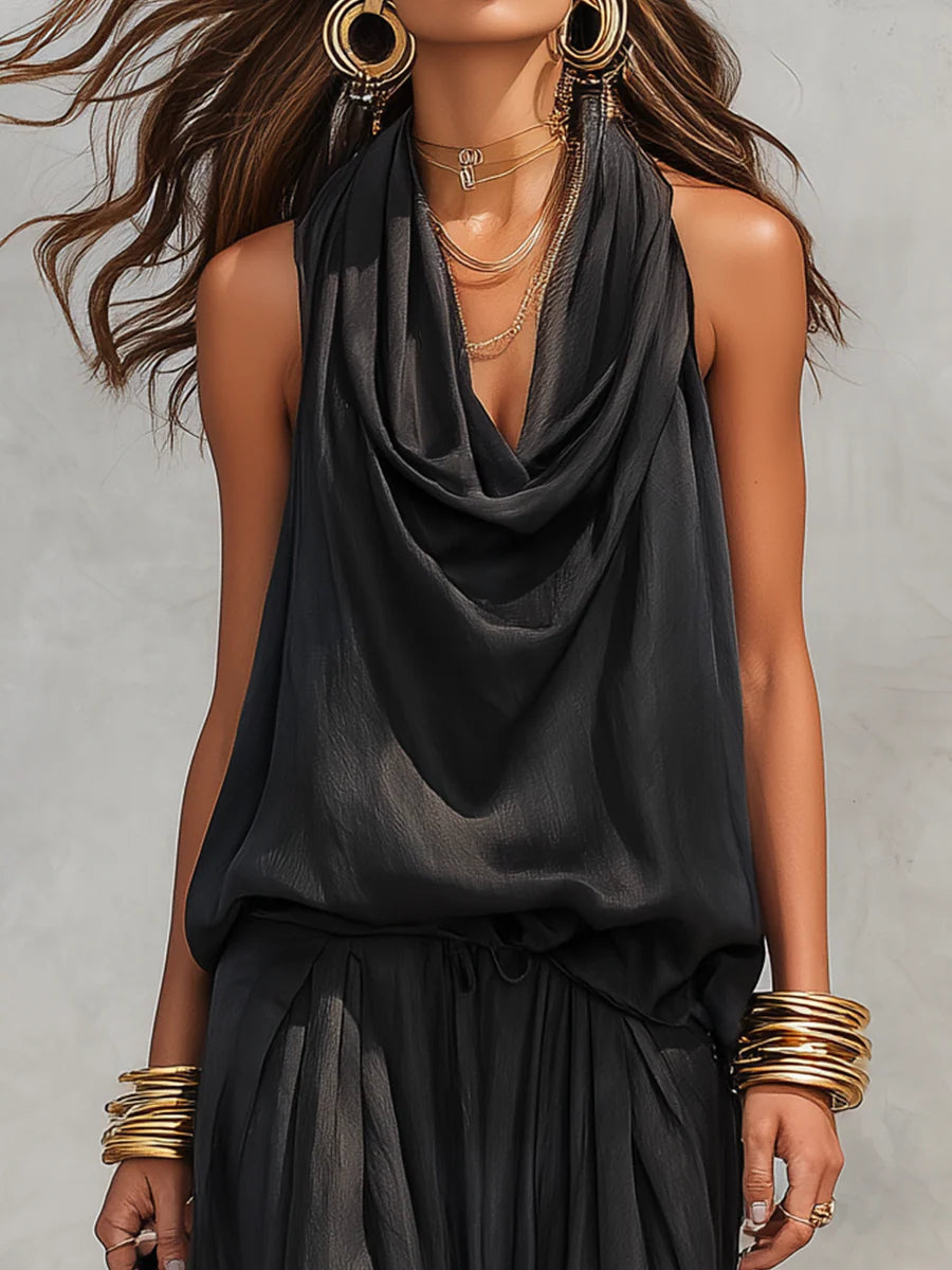 Cowl Neck Halter Top and Draped Wide Leg Pant Two Piece Set