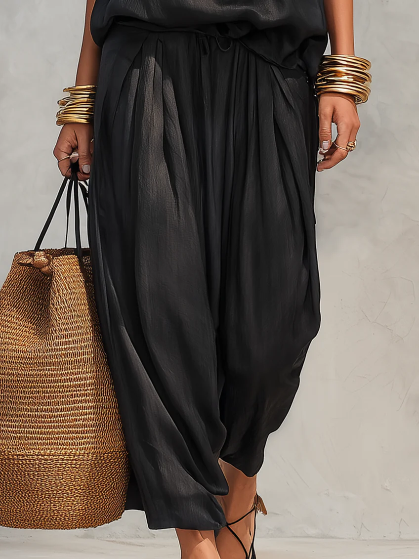 Cowl Neck Halter Top and Draped Wide Leg Pant Two Piece Set
