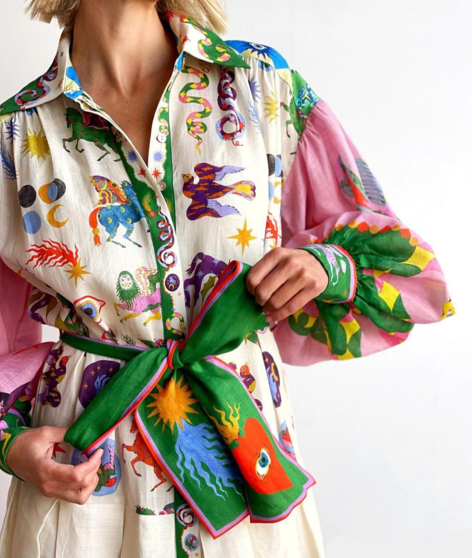 Floral Print Balloon Sleeve Belted Shirt Maxi Dress