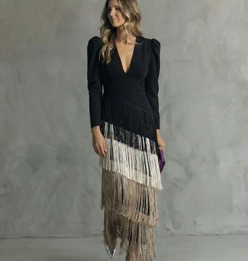 Tiered Fringe V Neck Midi Dress - Formal Evening Gown