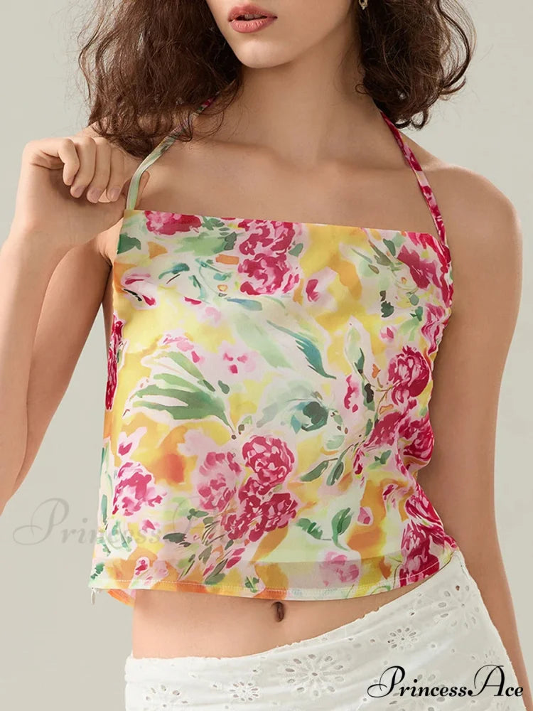 Blossoming Halter Open-Back Sleeveless Cropped Vest Camisole
