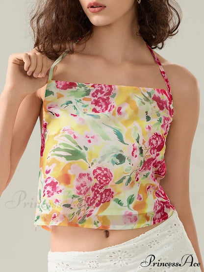 Blossoming Halter Open-Back Sleeveless Cropped Vest Camisole
