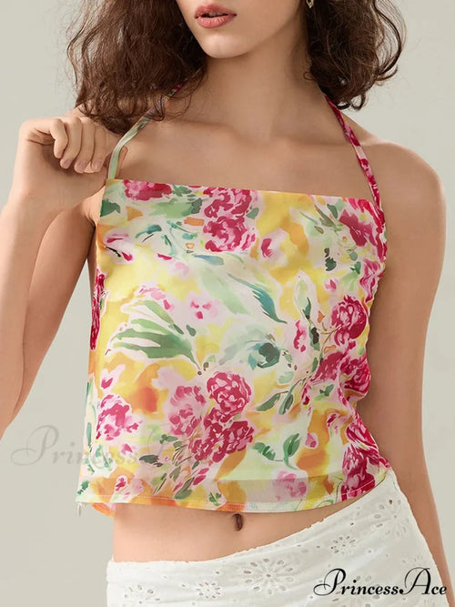 Blossoming Halter Open-Back Sleeveless Cropped Vest Camisole