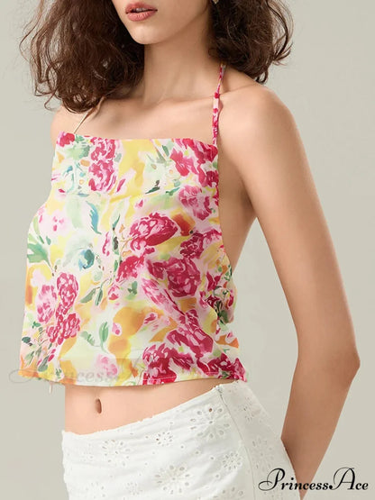 Blossoming Halter Open-Back Sleeveless Cropped Vest Camisole