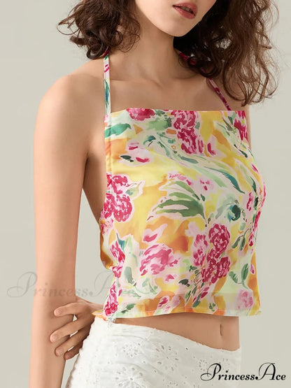 Blossoming Halter Open-Back Sleeveless Cropped Vest Camisole