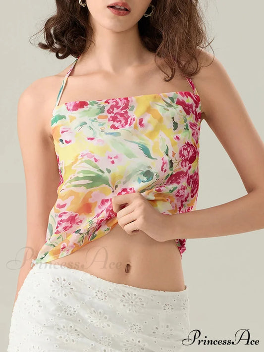 Blossoming Halter Open-Back Sleeveless Cropped Vest Camisole