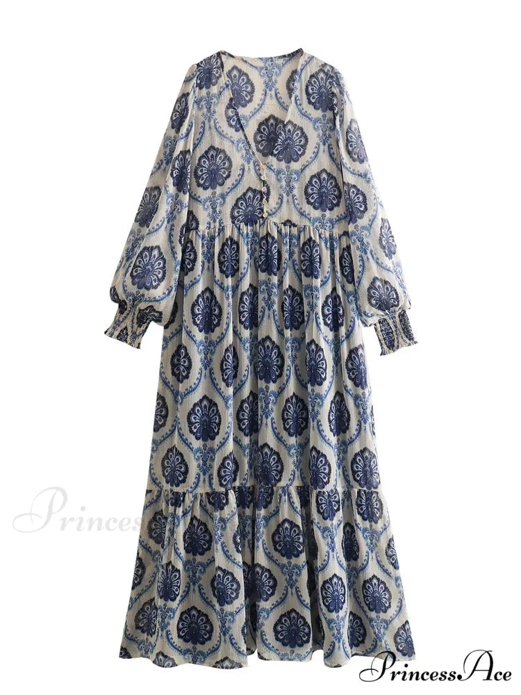 Blue Flowered Printed Extended Sleeve V-Neck Bohemian Top