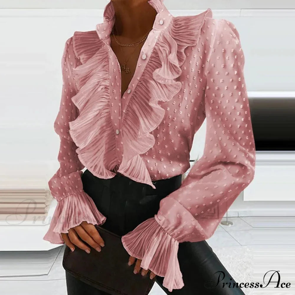 Blue Frilled Plunging Neckline Pleated Top