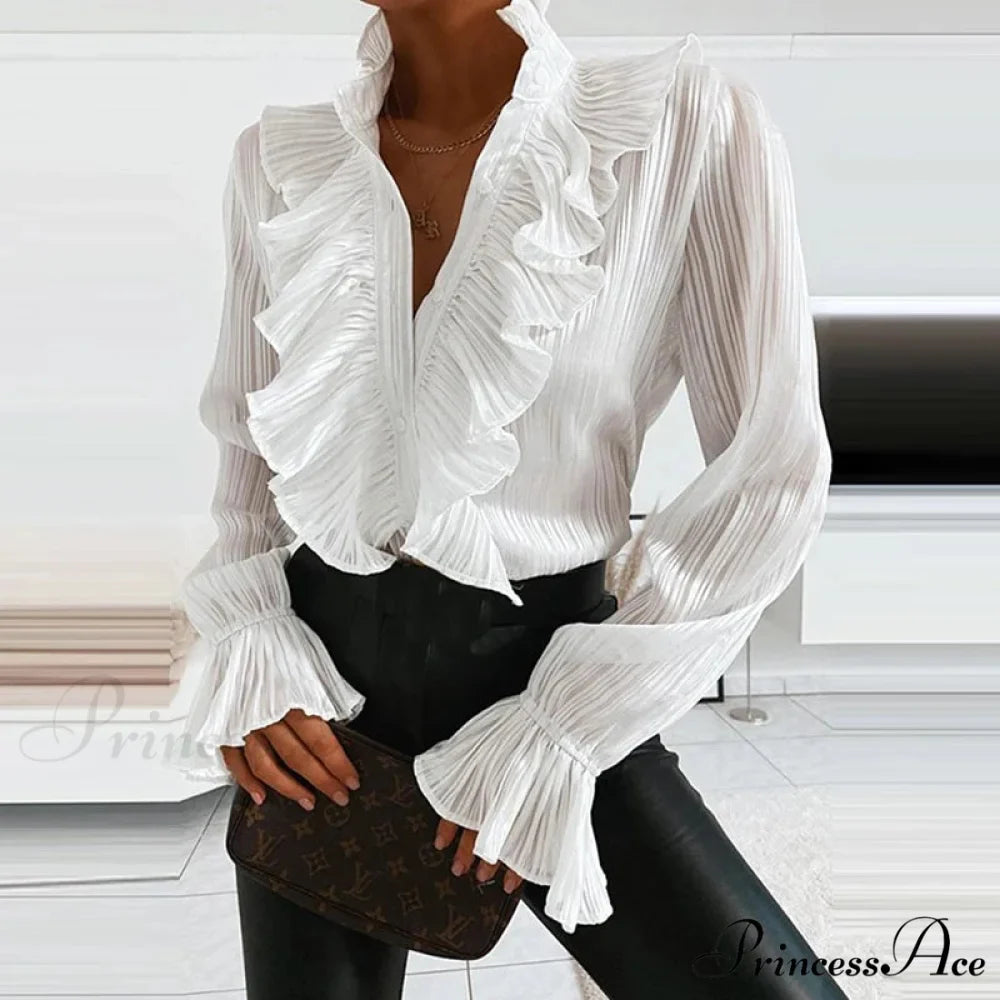 Blue Frilled Plunging Neckline Pleated Top