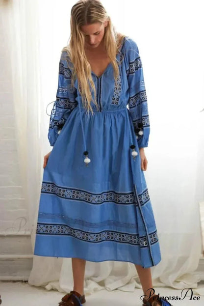 Bohemian Azure/Ivory Cotton Rayon Maxi Dress