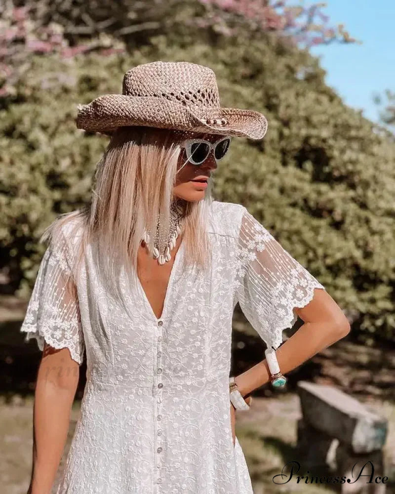 Bohemian Baggy Summer Dress Retro Low-Cut Flower Pattern